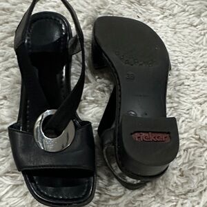Rieker Women's Black Leather Sandals with Silver Accent